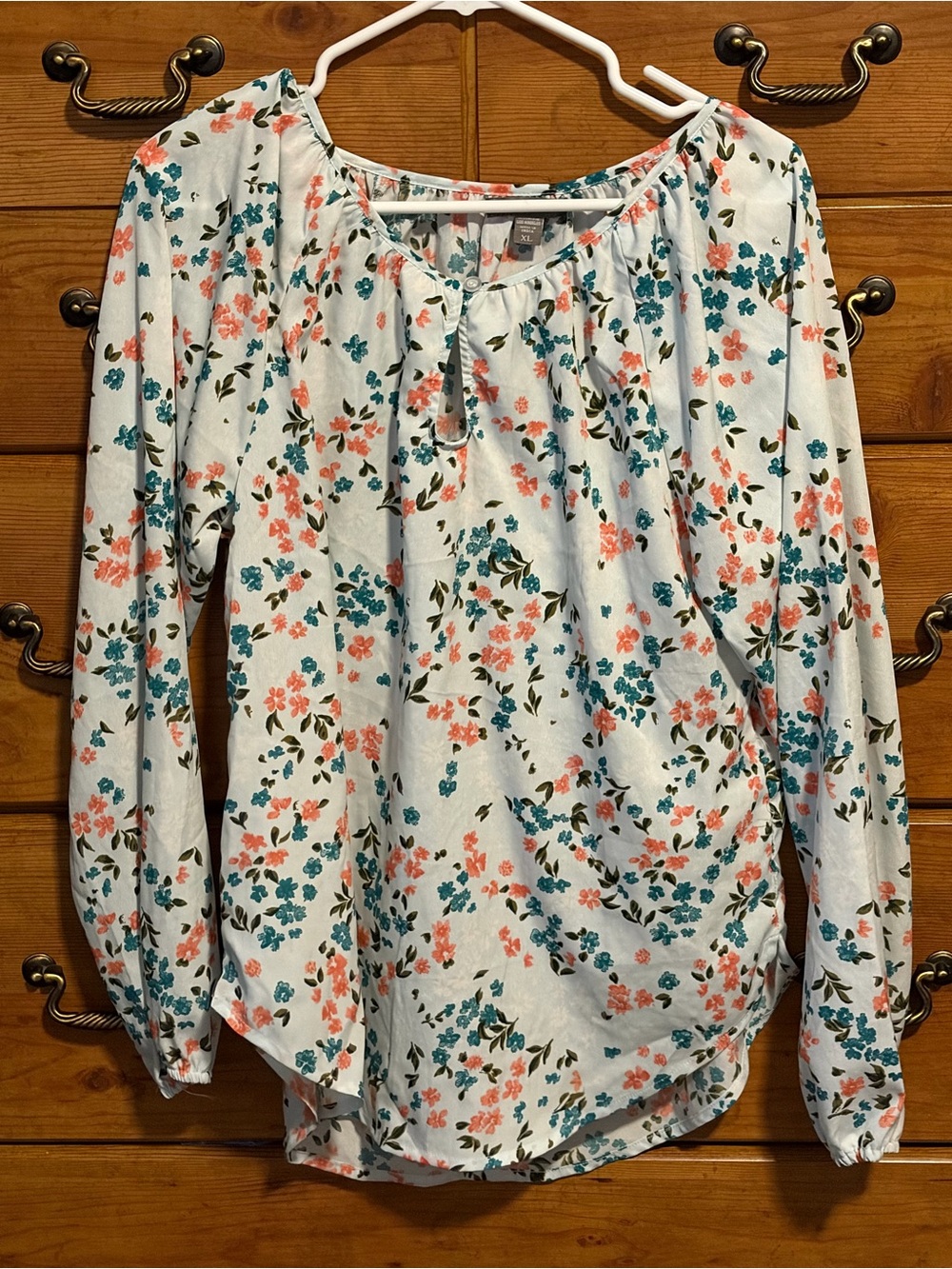 Lightweight Floral Peasant Blouse - White with Coral & Teal